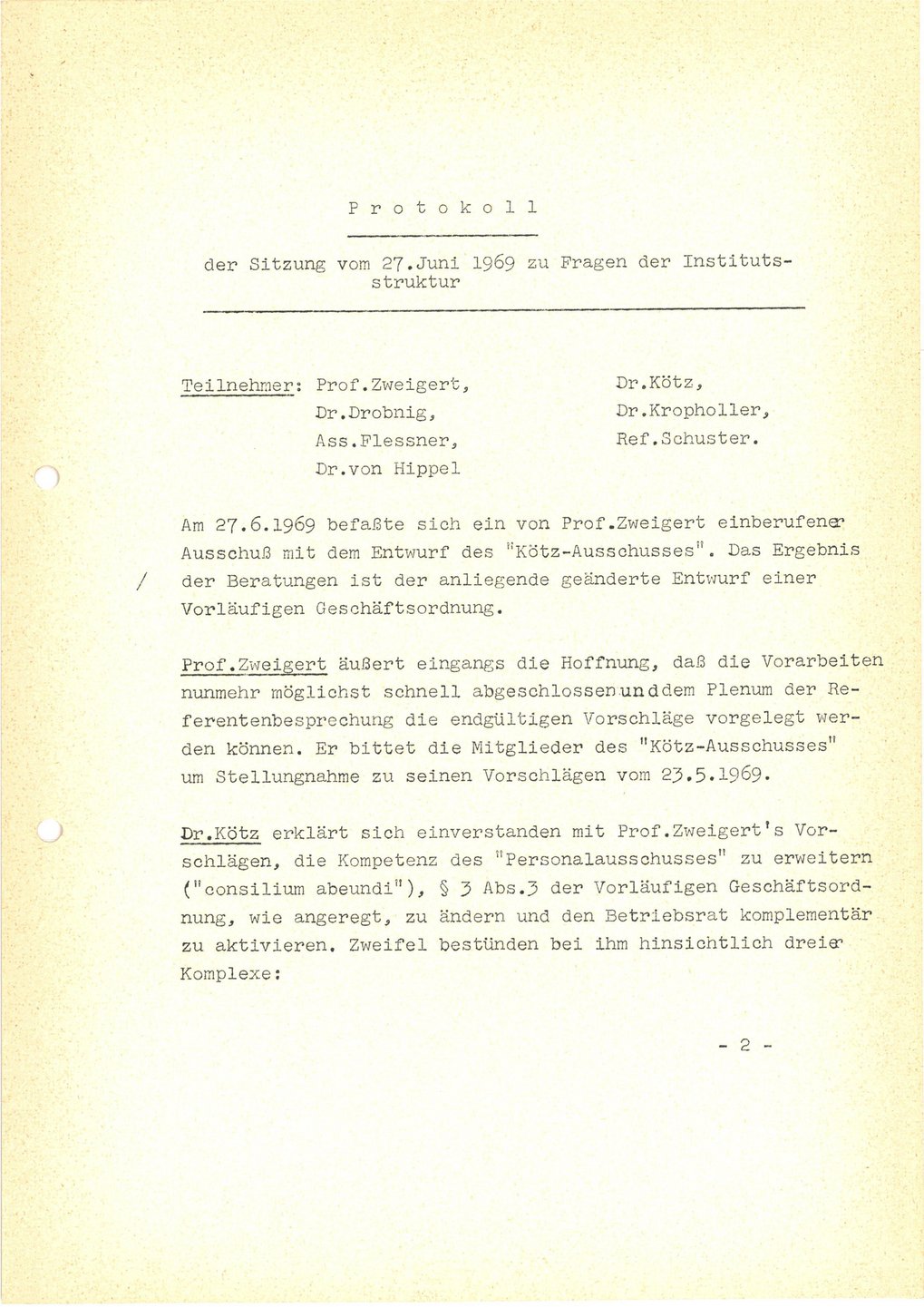 Titelseite des Protokolls der ersten Sitzung des Institutsausschusses