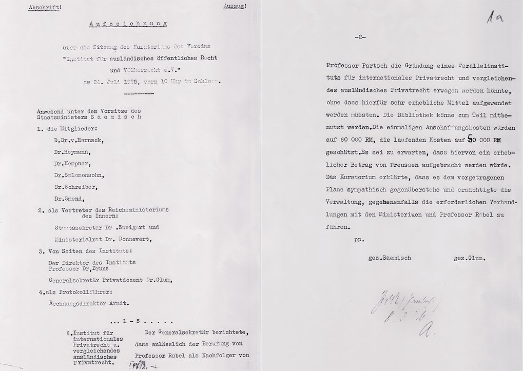 Beschluss für ein eigenständiges Institut für internationales Privatrecht unter Leitung von Ernst Rabel 1925