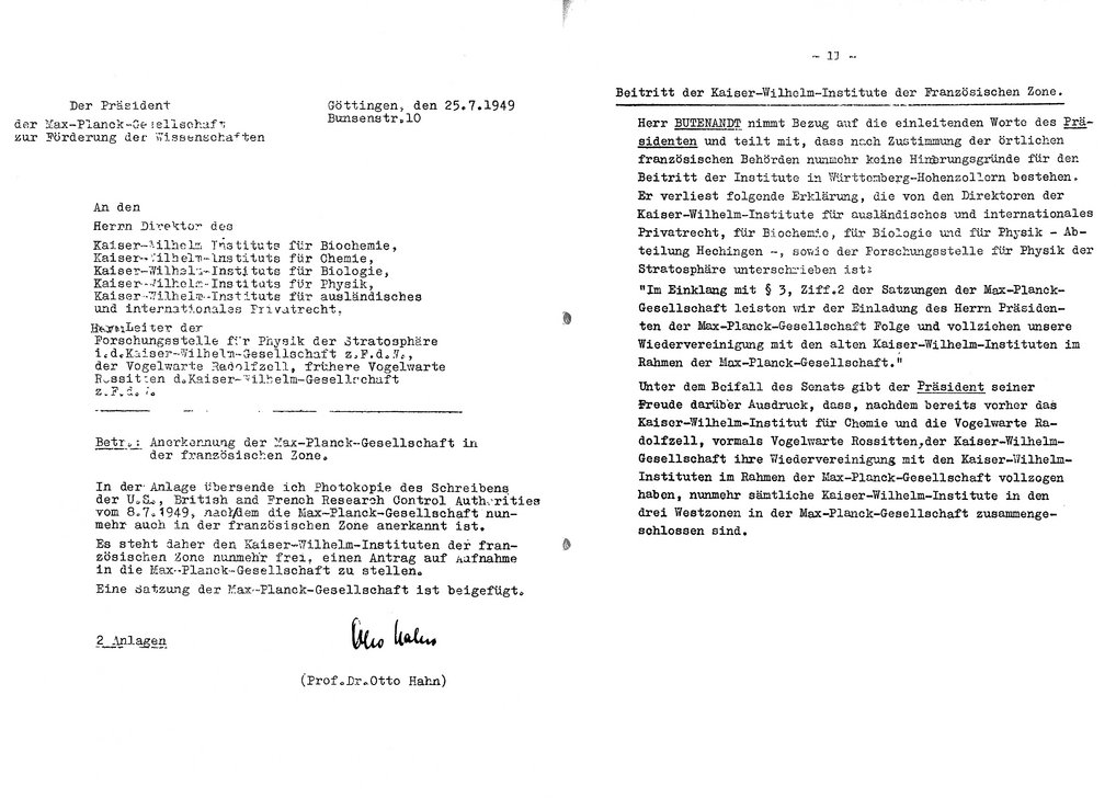 Zwei Dokumente aus dem Jahr 1949: Die Institute in der Französischen Besatzungszone treten der Max-Planck-Gesellschaft bei