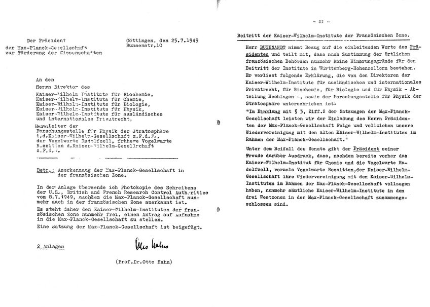 Zwei Dokumente aus dem Jahr 1949: Die Institute in der Französischen Besatzungszone treten der Max-Planck-Gesellschaft bei Zwei Dokumente aus dem Jahr 1949: Die Institute in der Französischen Besatzungszone treten der Max-Planck-Gesellschaft bei