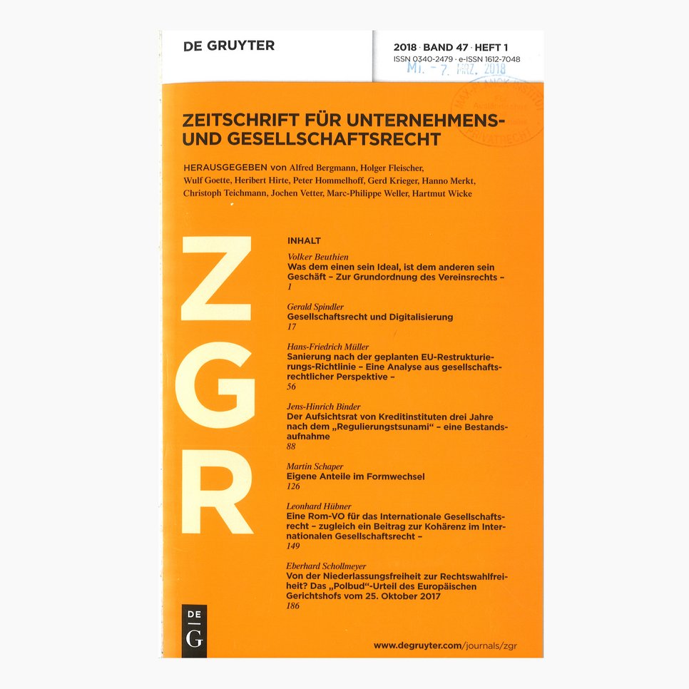 Beispielcover der Zeitschrift "Zeitschrift für Unternehmens- und Gesellschaftsrecht (ZGR)"